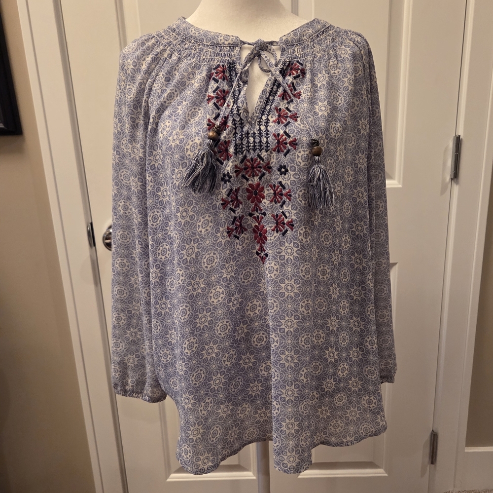 Blue Floral Embroidered Peasant Top
